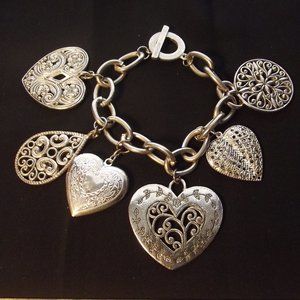 Chunky Silver Tone Charm Bracelet with Hearts